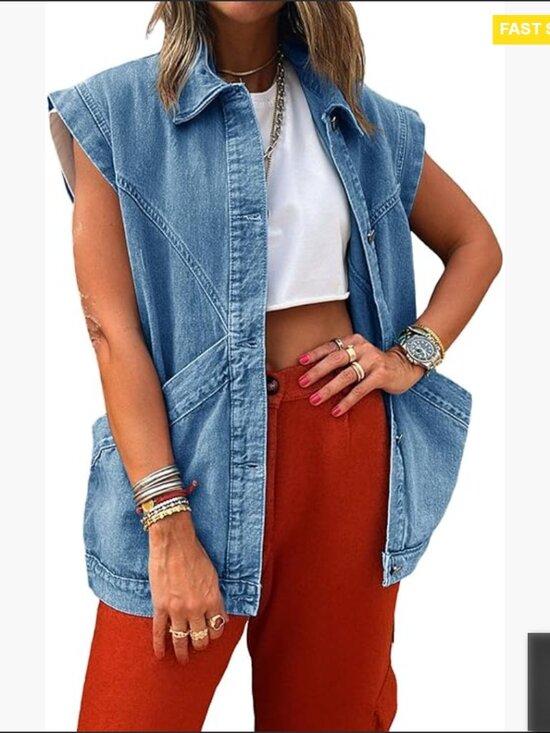 Oversized Denim Vest Sleeveless Casual Utility Lapel Button Down Jacket